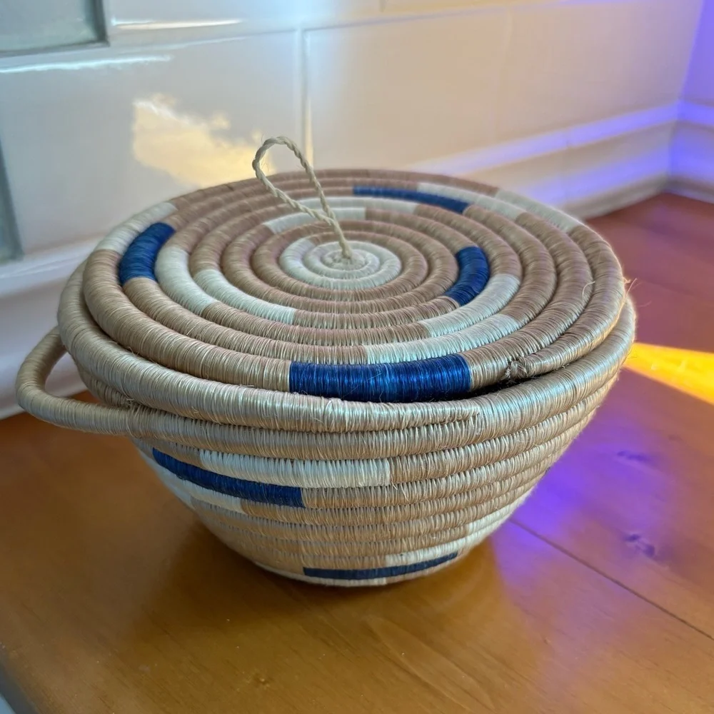 Handwoven Rwandan Lidded Basket Blue & Natural Fair Trade Storage Basket